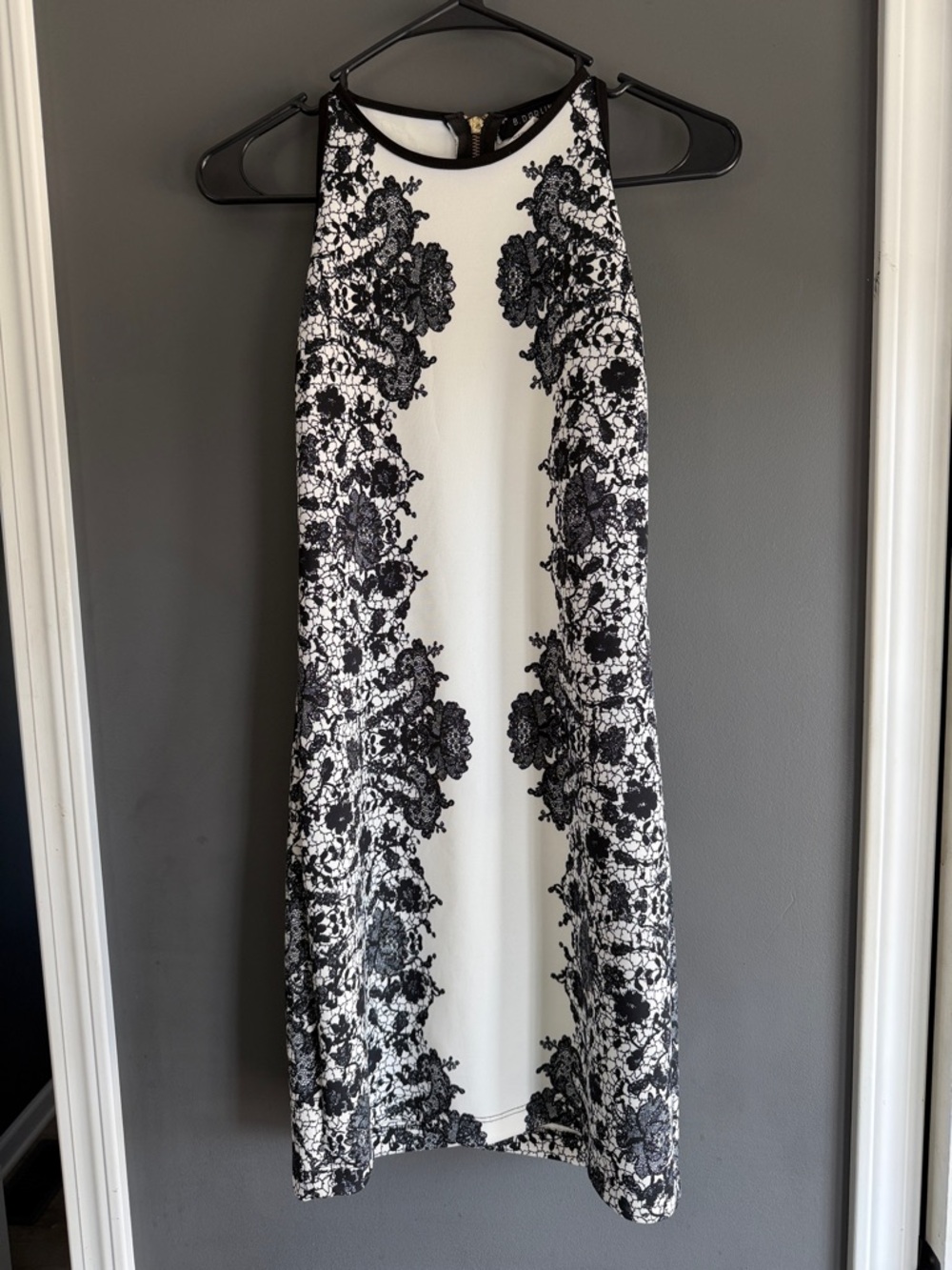 B Darlin Black and White Halter Midi Dress with Lace-Print Panels